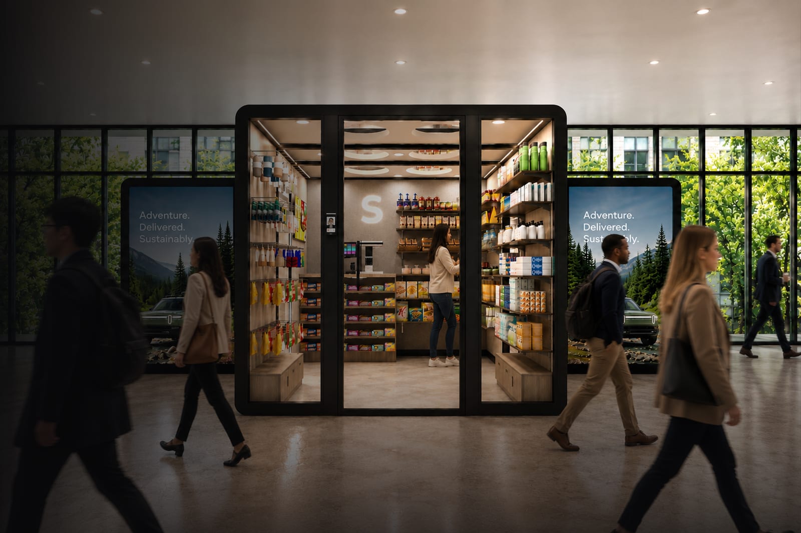 A Surplus store inside a residential building lobby, with residents walking past
